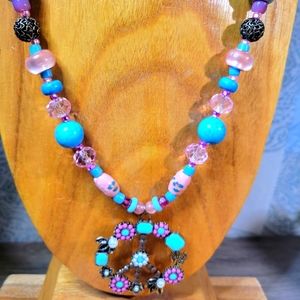 Handmade Barbiecore Pink Crystal w/Turquoise Howlite Beaded Peace Sign Necklace